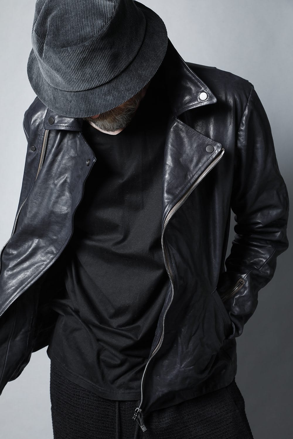 GUIDI Calf Leather Double Riders Jacket Dark Blue　