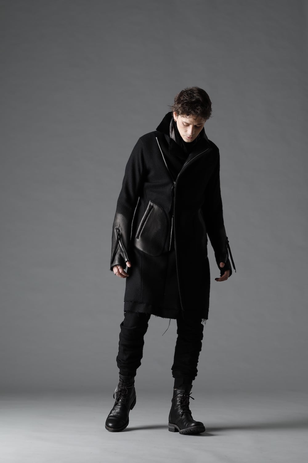 Leather Needle Punch Double Breasted Coat Black