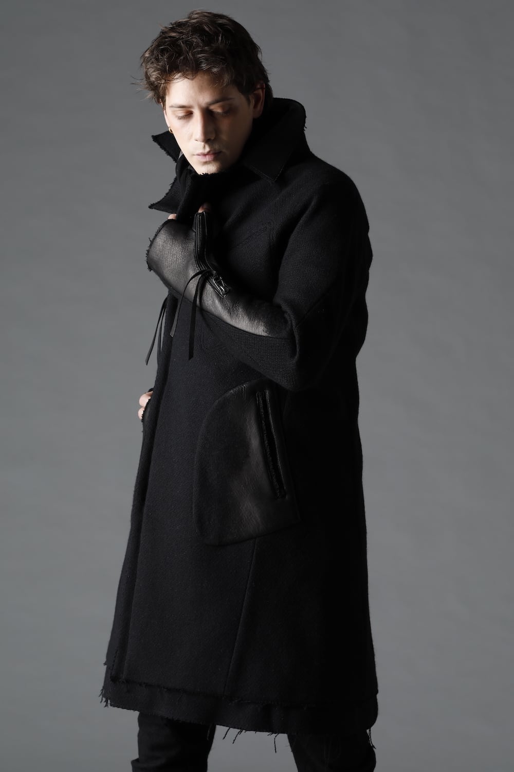 Leather Needle Punch Double Breasted Coat Black