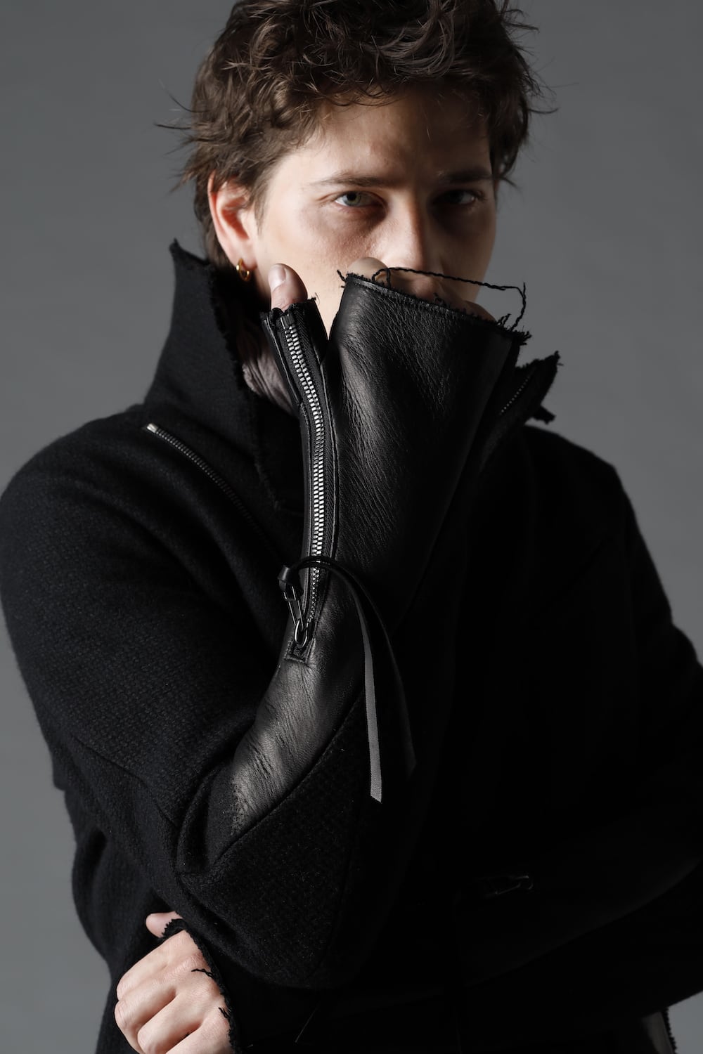 Leather Needle Punch Double Breasted Coat Black