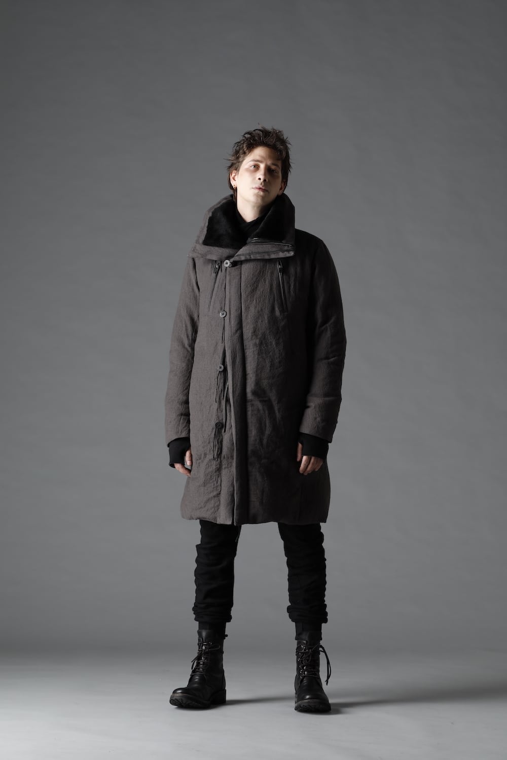 Wool x Linen High-Neck Long Down Coat CHARCOAL