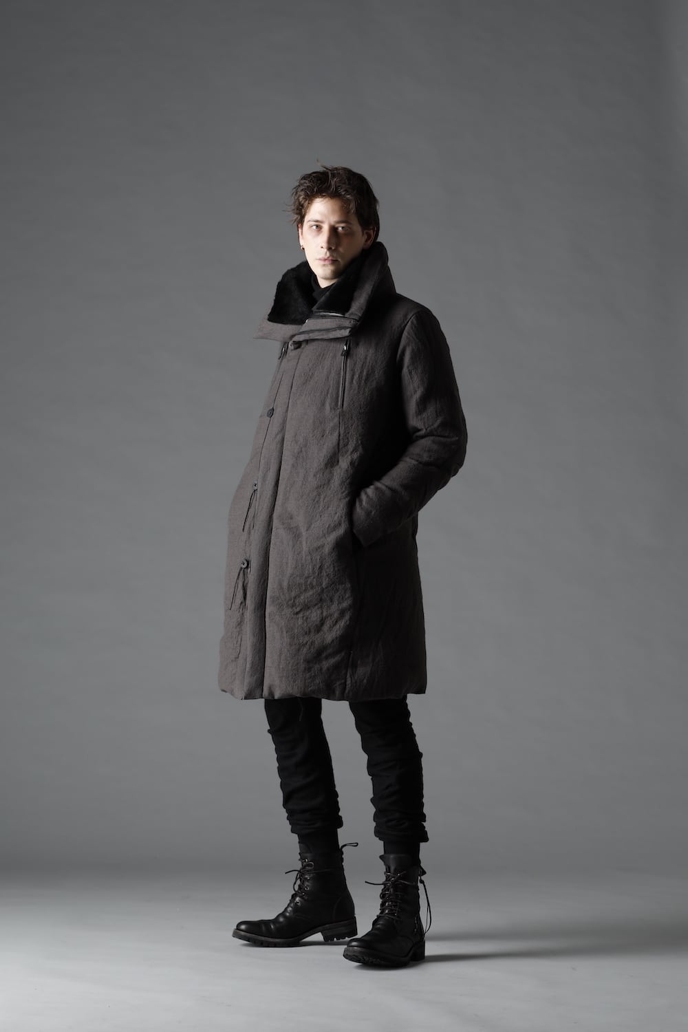 Wool x Linen High-Neck Long Down Coat CHARCOAL