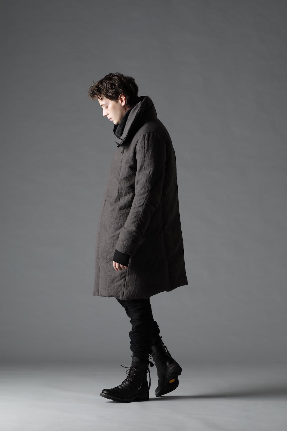 Wool x Linen High-Neck Long Down Coat CHARCOAL