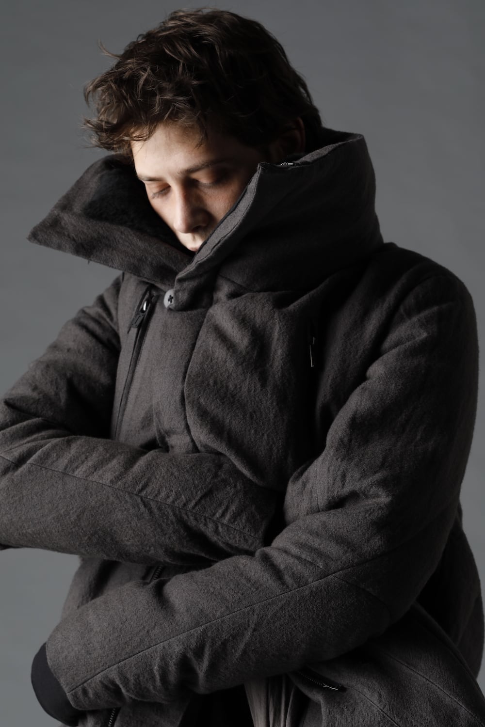 Wool x Linen High-Neck Long Down Coat Black