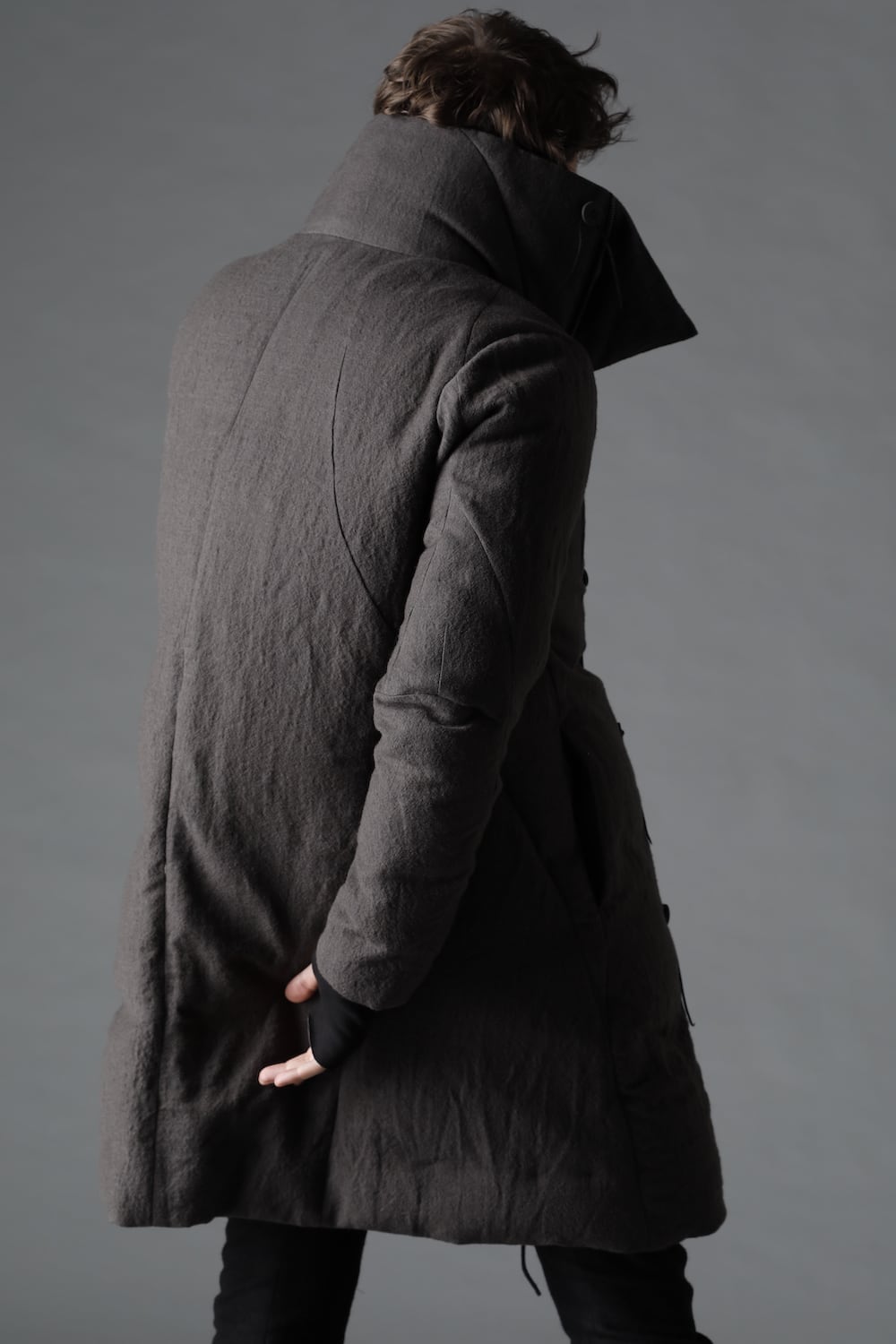 Wool x Linen High-Neck Long Down Coat CHARCOAL