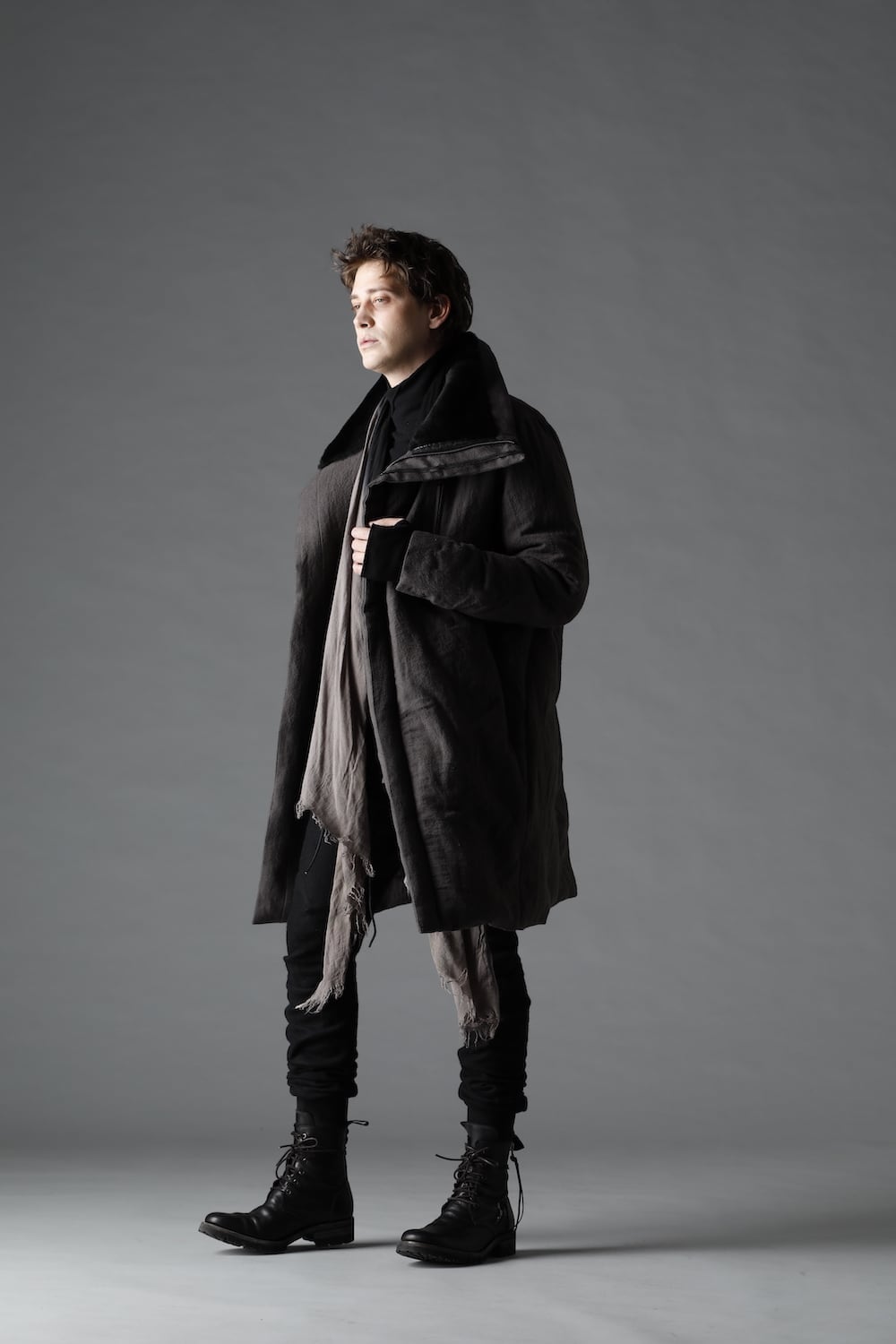 Wool x Linen High-Neck Long Down Coat CHARCOAL