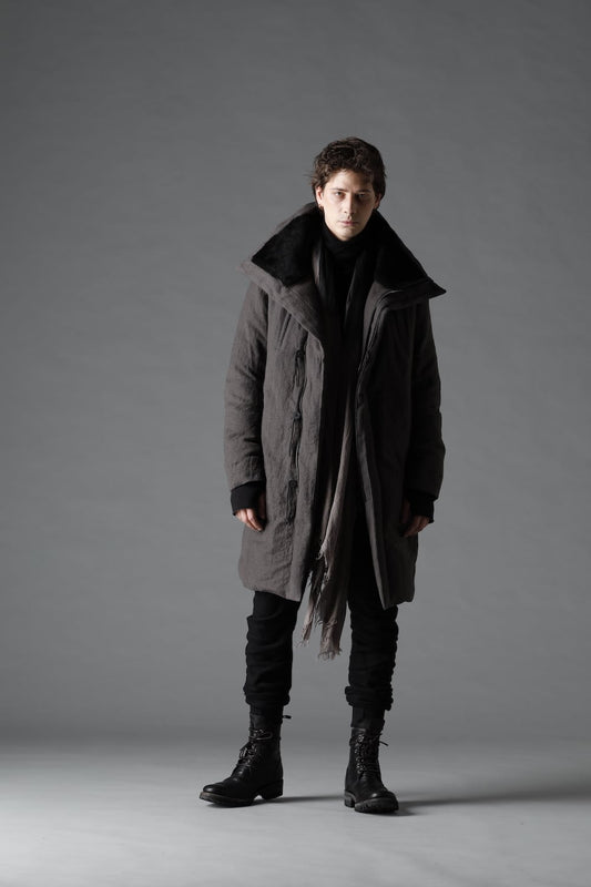 Wool x Linen High-Neck Long Down Coat CHARCOAL