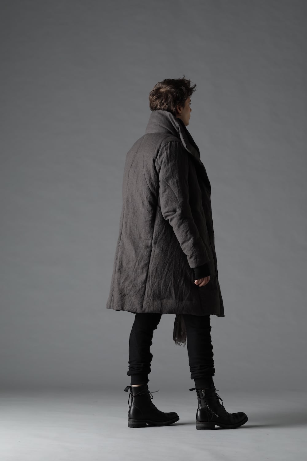 Wool x Linen High-Neck Long Down Coat CHARCOAL