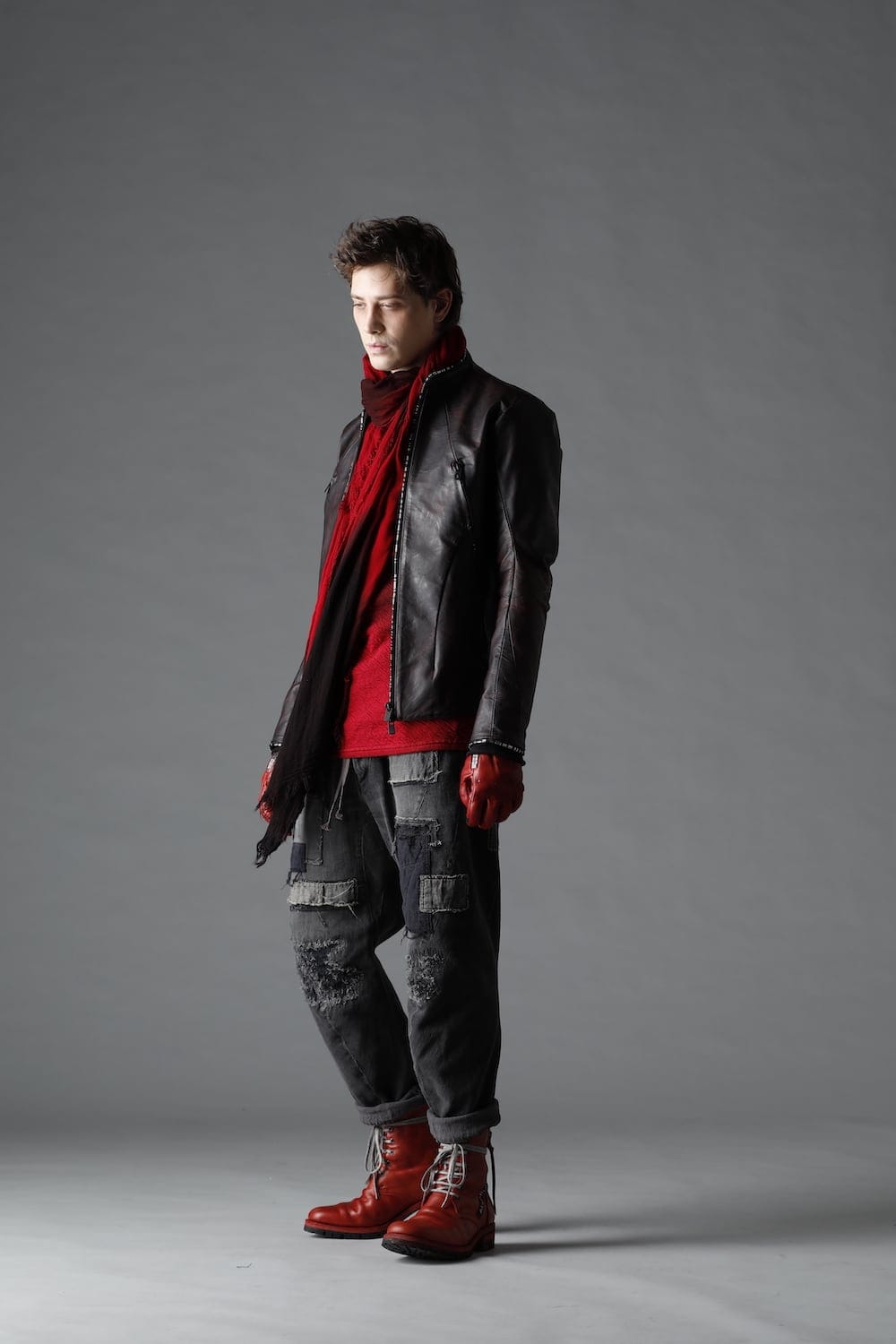 Damaged Repair Curve Tapered Drop Crotch Denim Pants