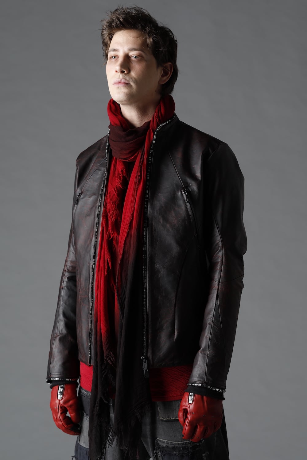 ホースレザーラウンドジップジャケット レッド ブラック