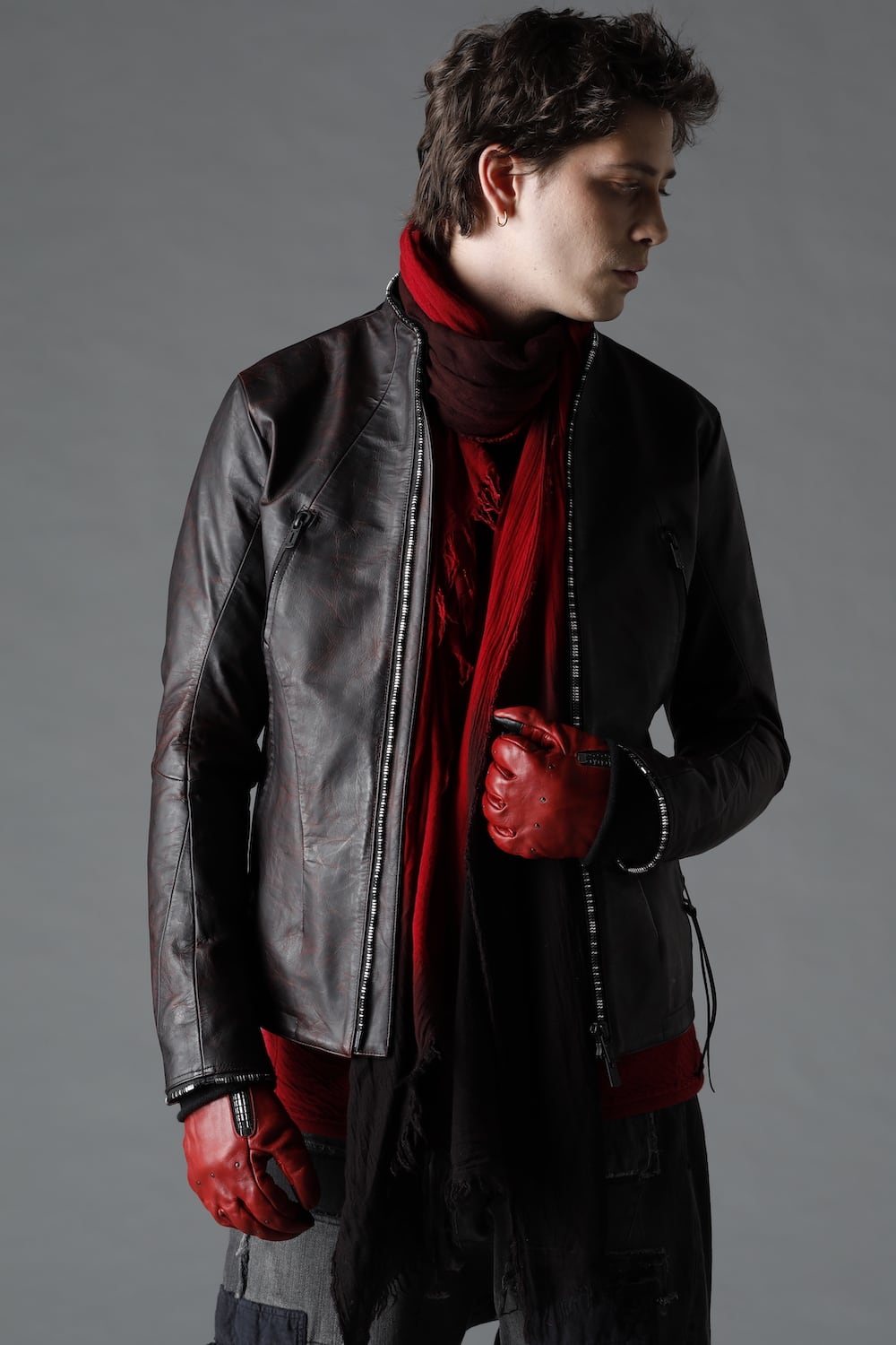 ホースレザーラウンドジップジャケット レッド ブラック