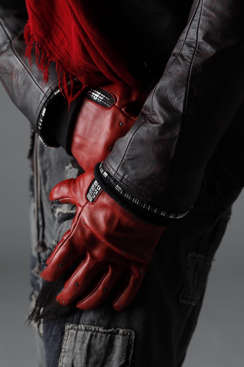Horse Leather Nail ZIP Gloves Red
