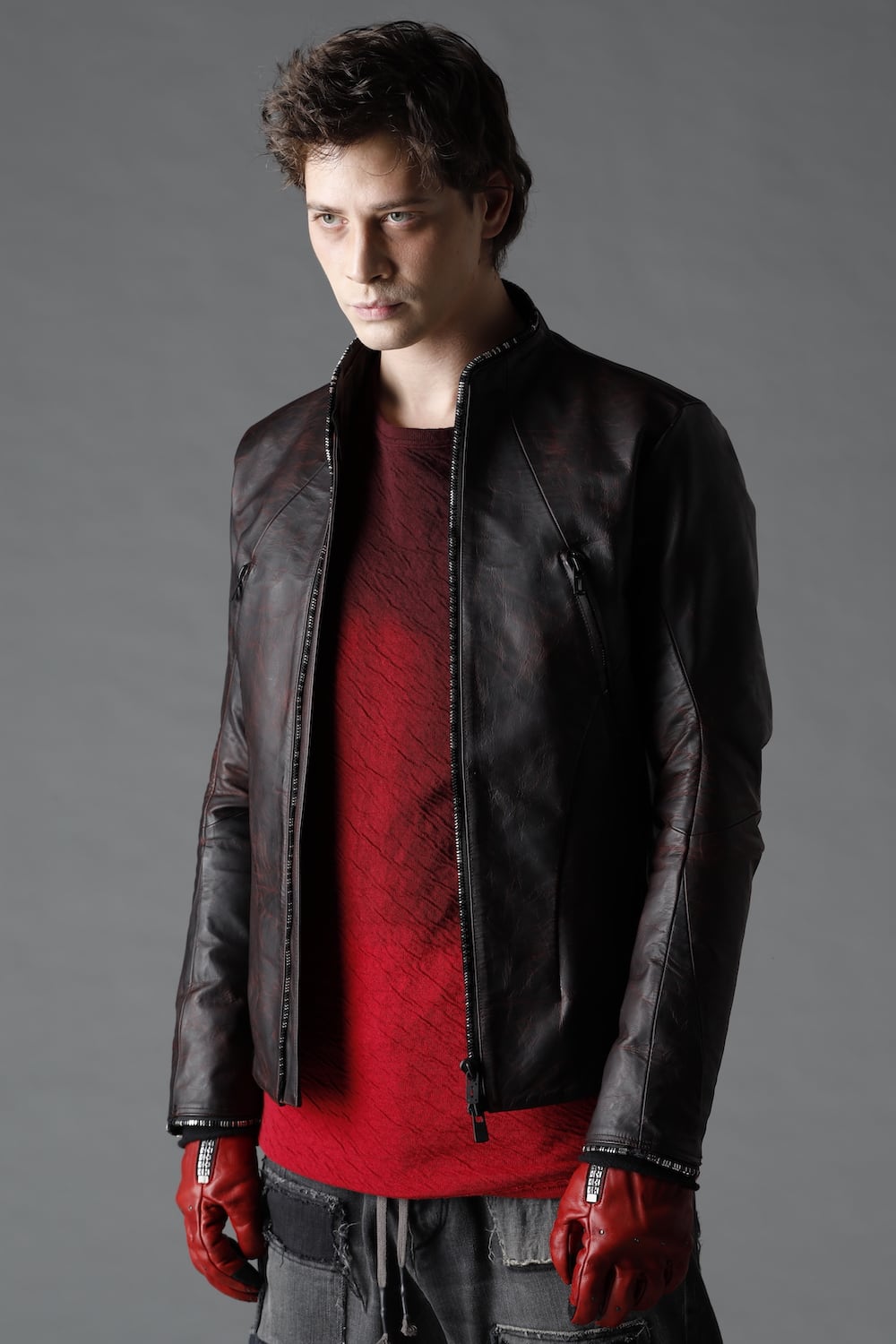 ホースレザーラウンドジップジャケット レッド ブラック