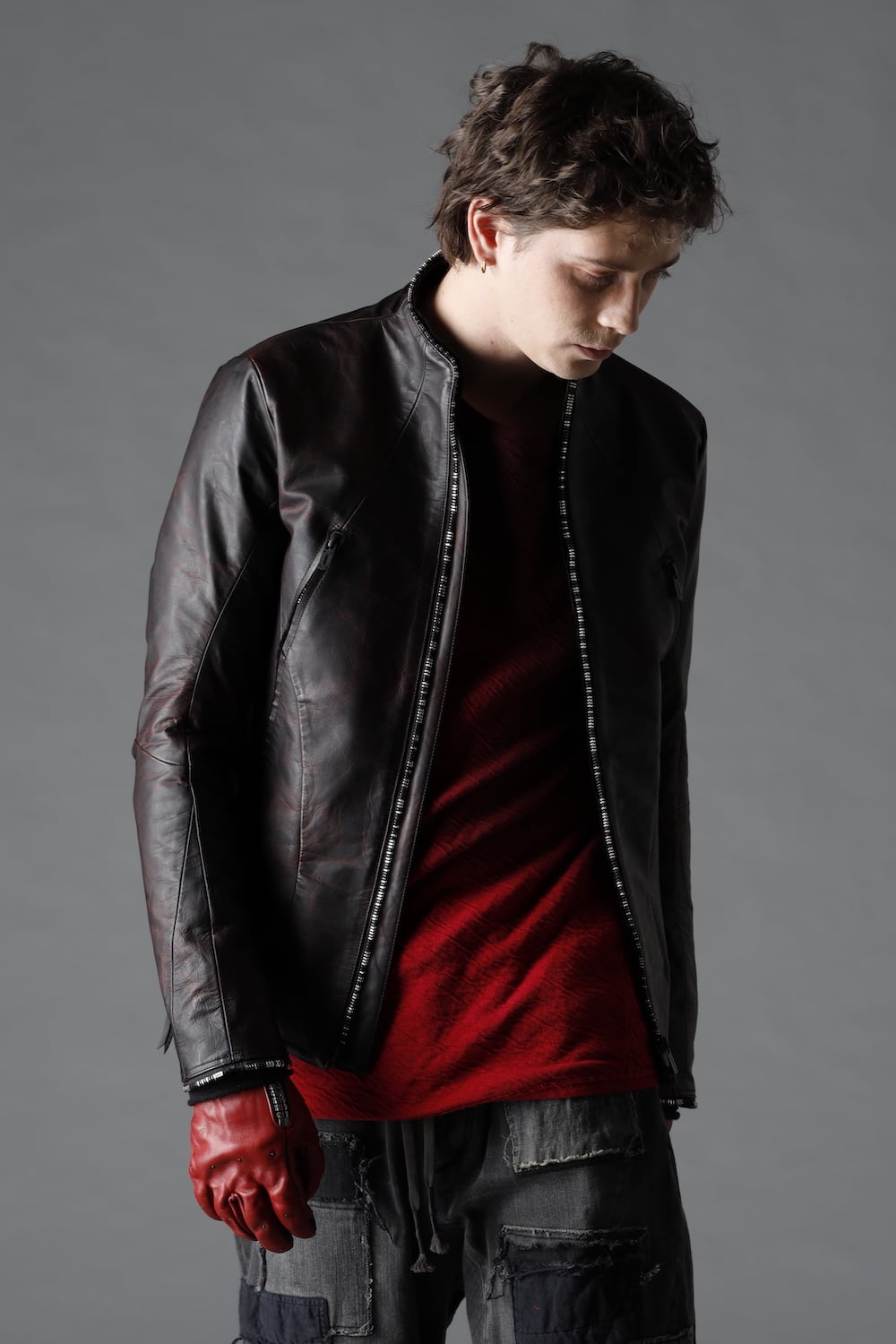 ホースレザーラウンドジップジャケット レッド ブラック