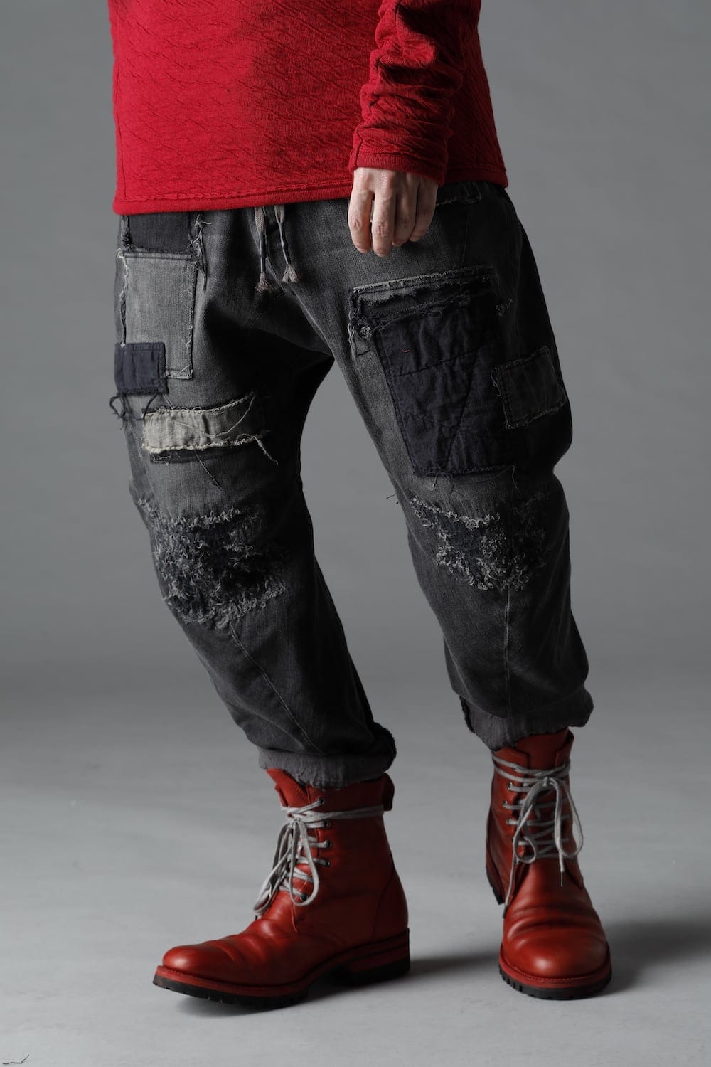 Damaged Repair Curve Tapered Drop Crotch Denim Pants