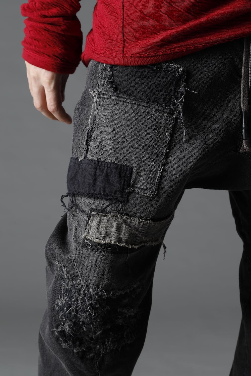 Damaged Repair Curve Tapered Drop Crotch Denim Pants
