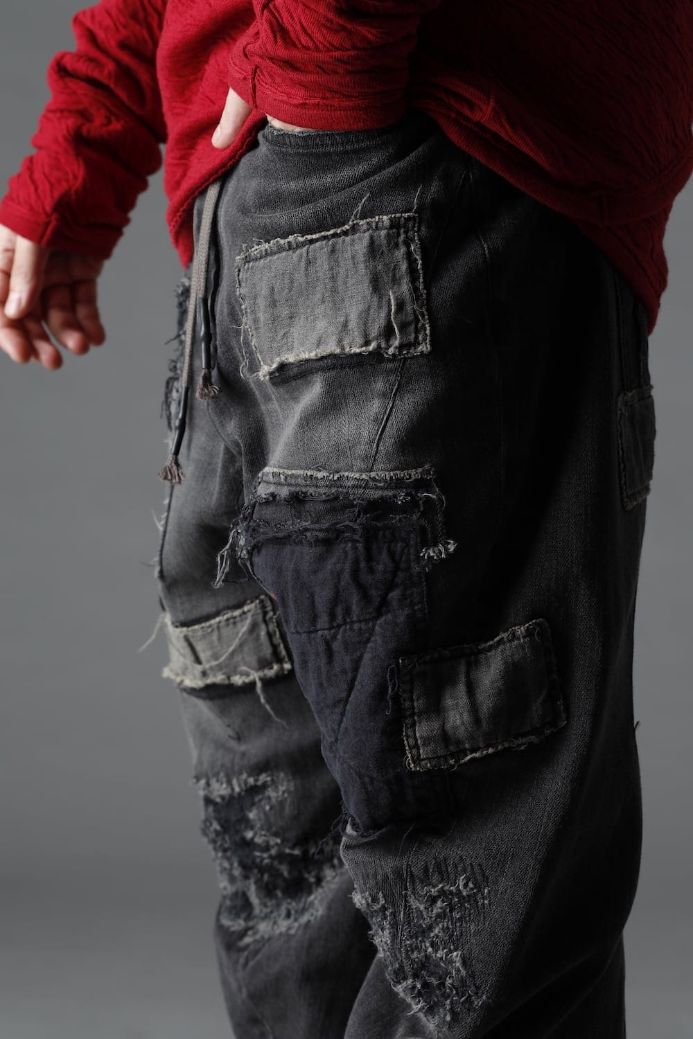 Damaged Repair Curve Tapered Drop Crotch Denim Pants