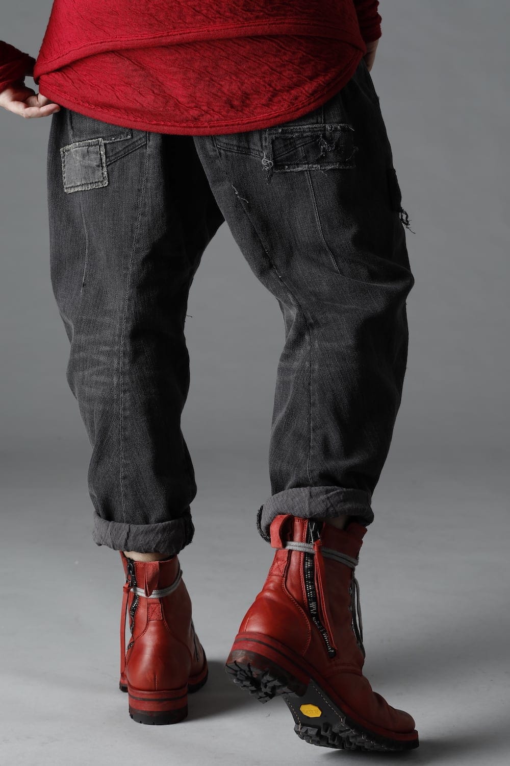 Damaged Repair Curve Tapered Drop Crotch Denim Pants