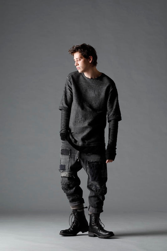 Damaged Repair Curve Tapered Drop Crotch Denim Pants