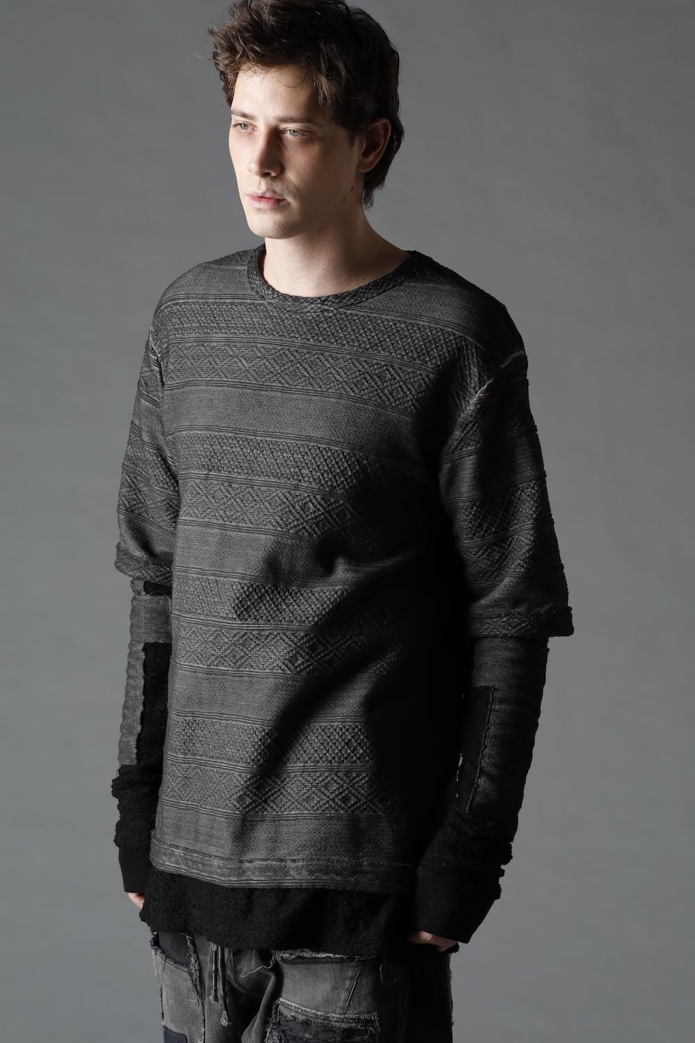 Cold-dye Jacquard Striped Layered T-Shirt Charcoal x Black