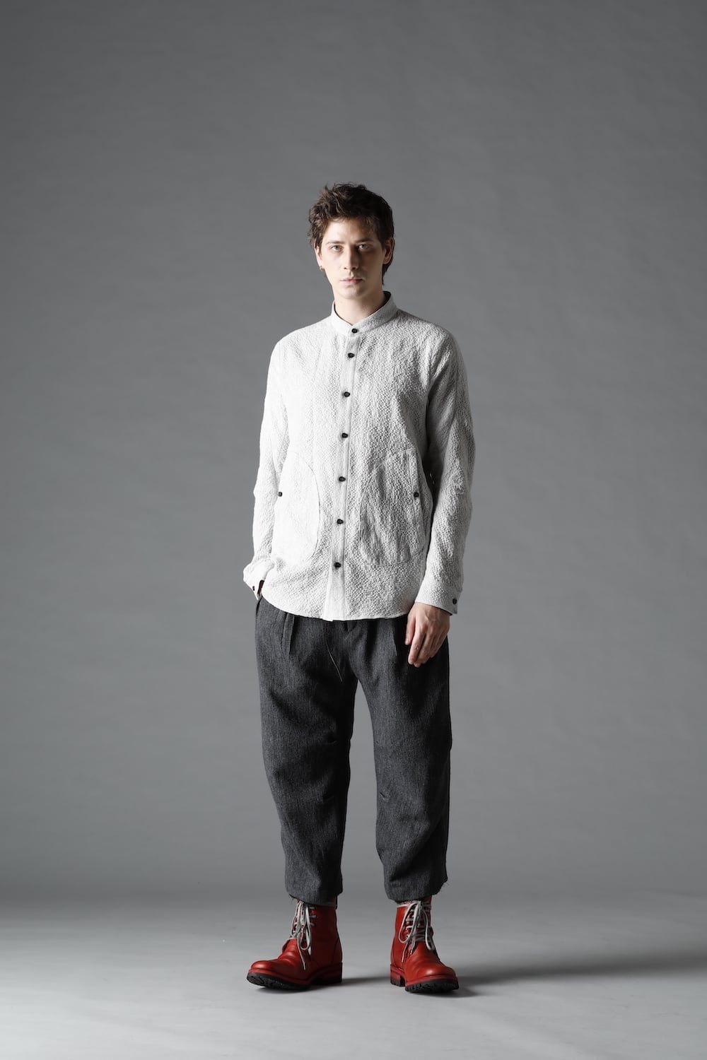 Wool x Cotton Dimple Washer Band Collar Shirt Gray