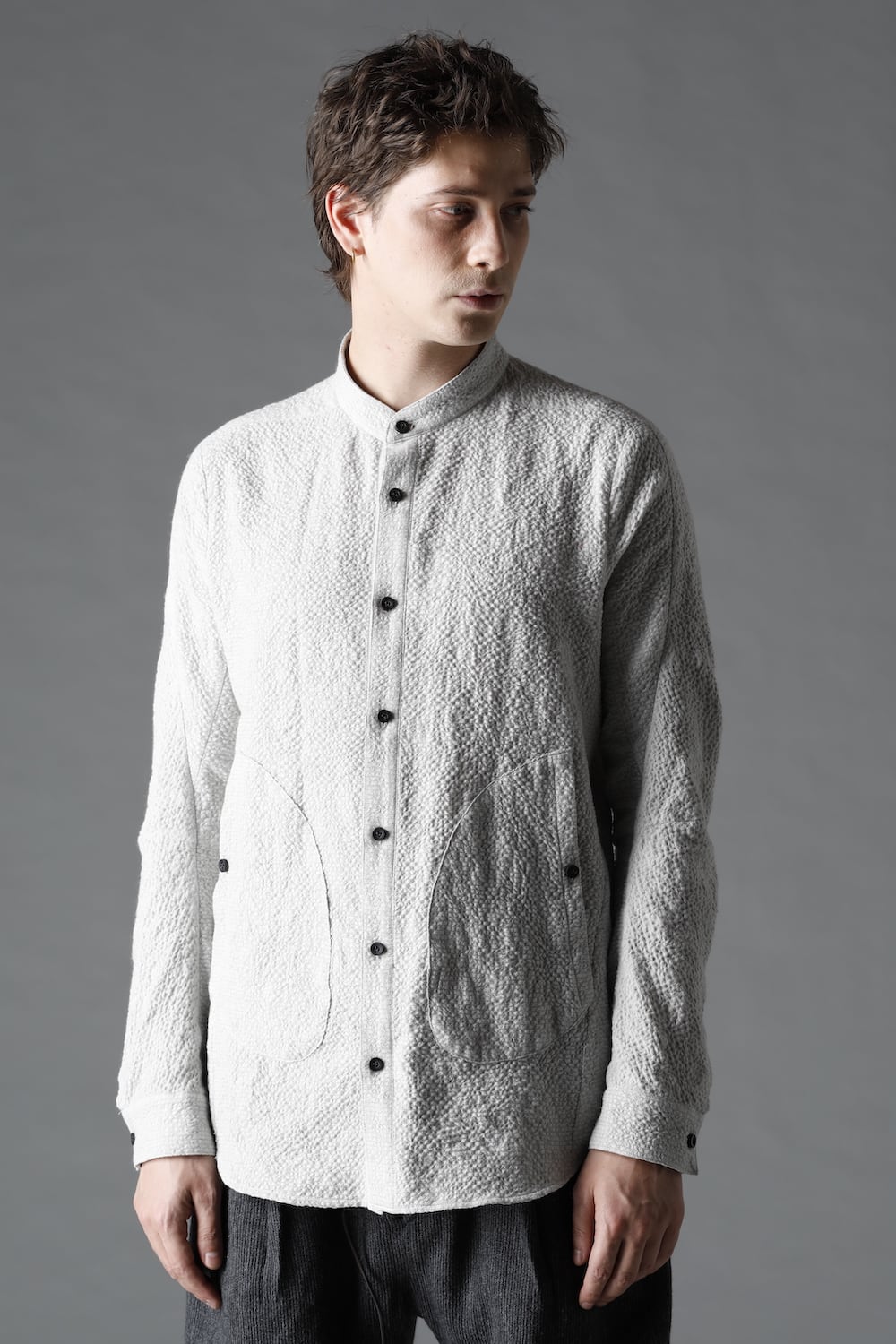 Wool x Cotton Dimple Washer Band Collar Shirt Gray