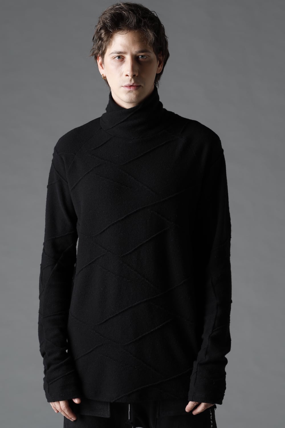 Cashmere x Wool Jacquard Knit Cross High-Neck Long Sleeve T-Shirt