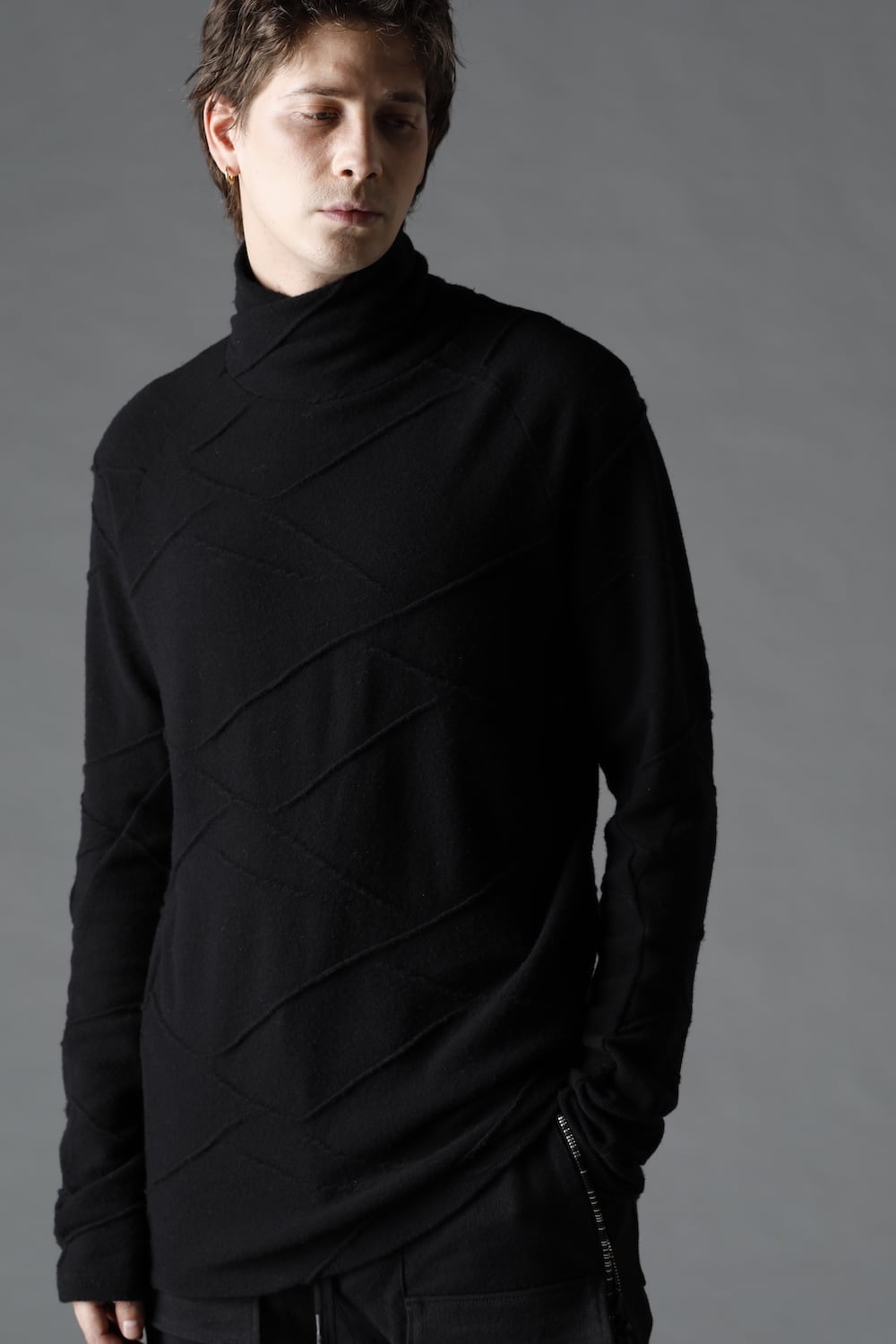 Cashmere x Wool Jacquard Knit Cross High-Neck Long Sleeve T-Shirt