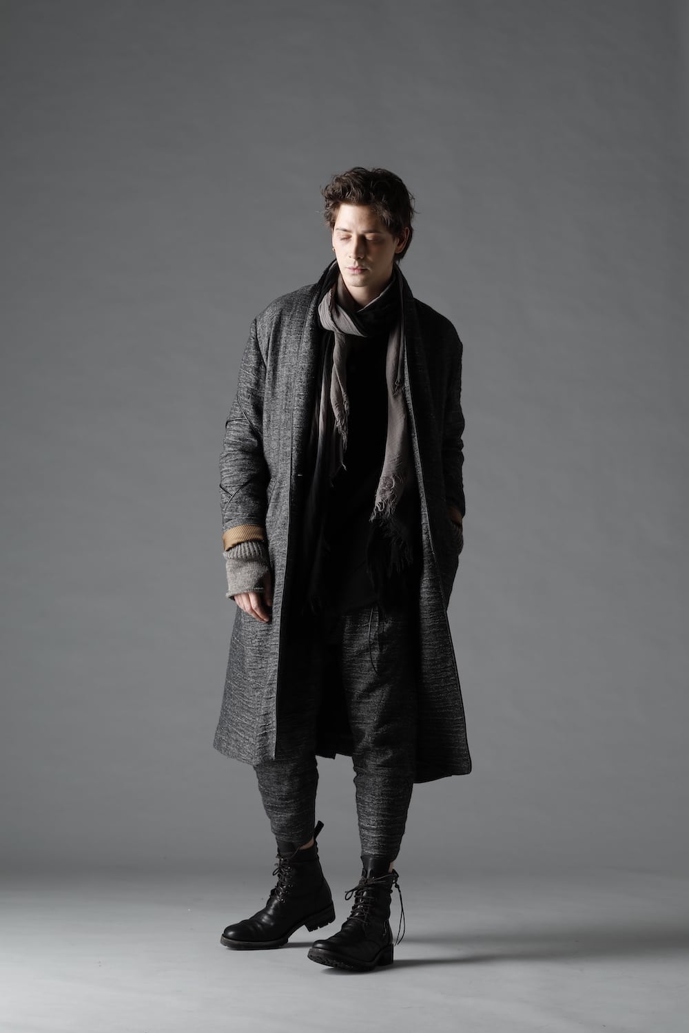 リネン×ラミー×ウールワッシャーロングガウンコート ブラック