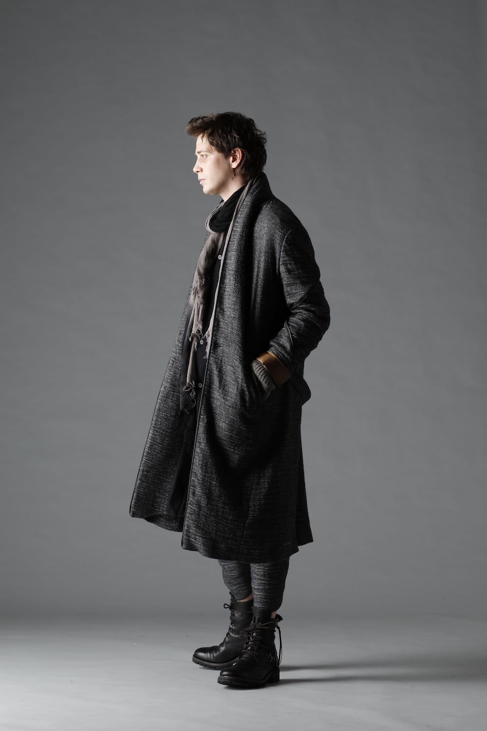 リネン×ラミー×ウールワッシャーロングガウンコート ブラック