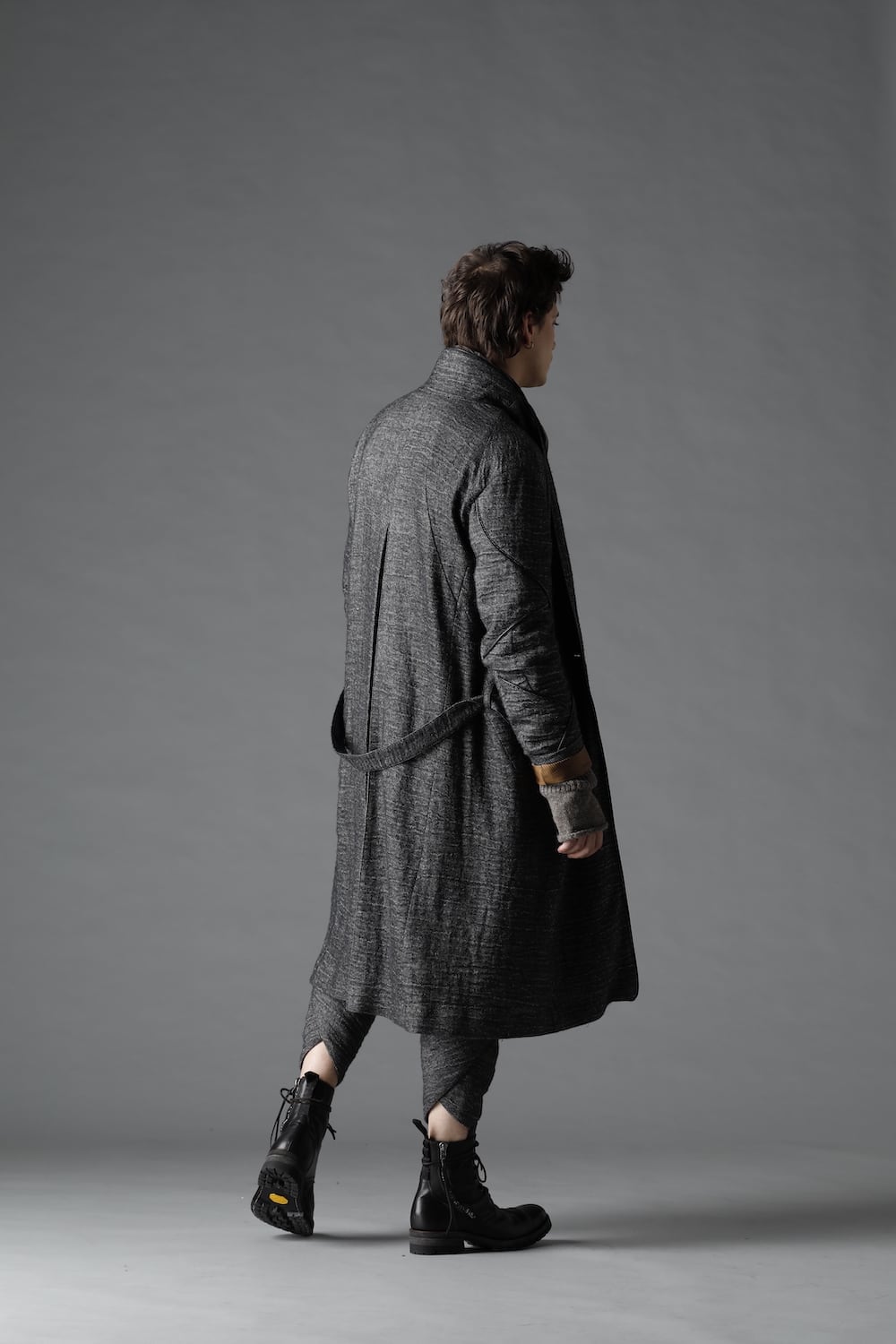 リネン×ラミー×ウールワッシャーロングガウンコート ブラック