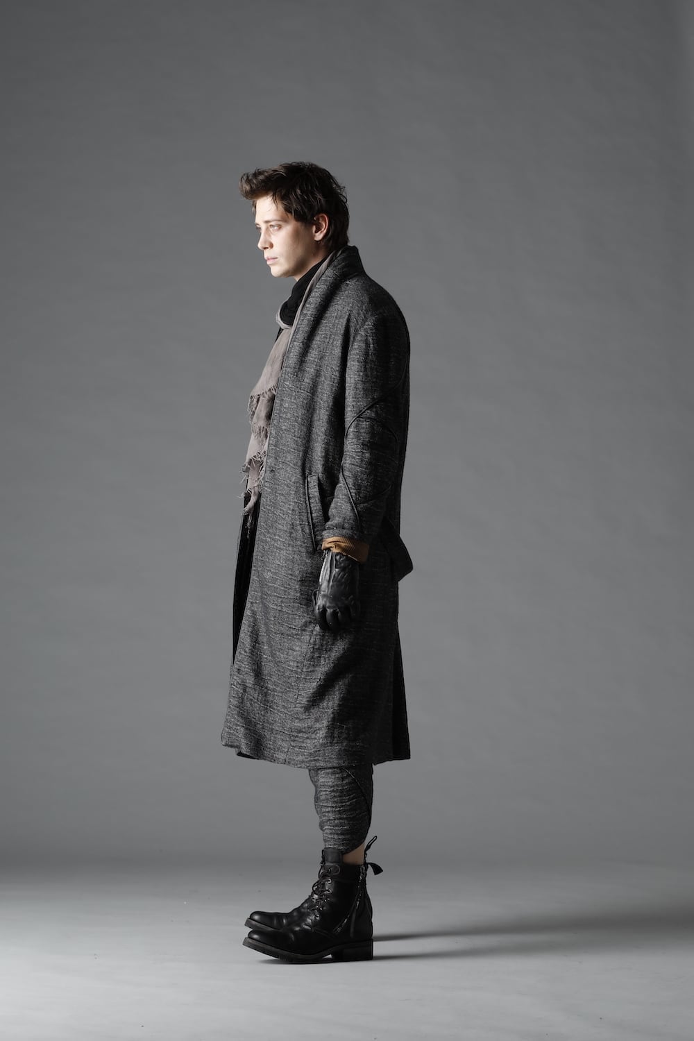 リネン×ラミー×ウールワッシャーロングガウンコート ブラック