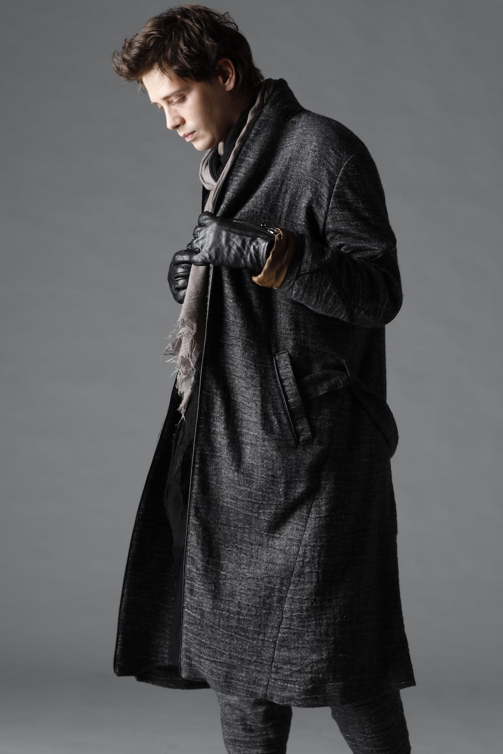 リネン×ラミー×ウールワッシャーロングガウンコート ブラック