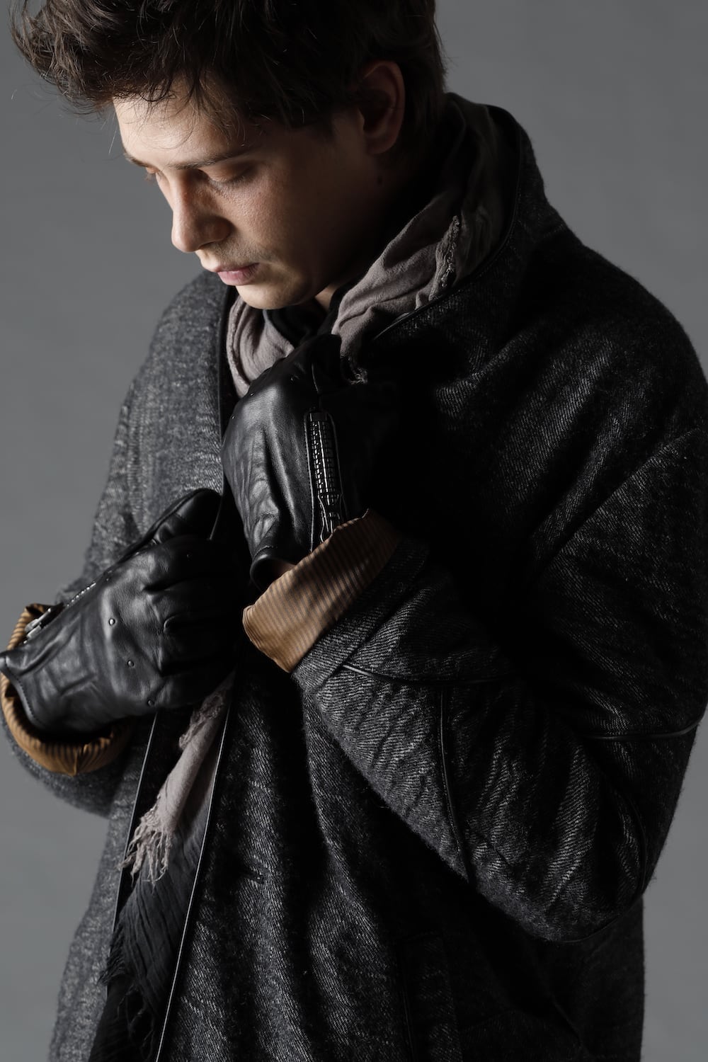 リネン×ラミー×ウールワッシャーロングガウンコート ブラック