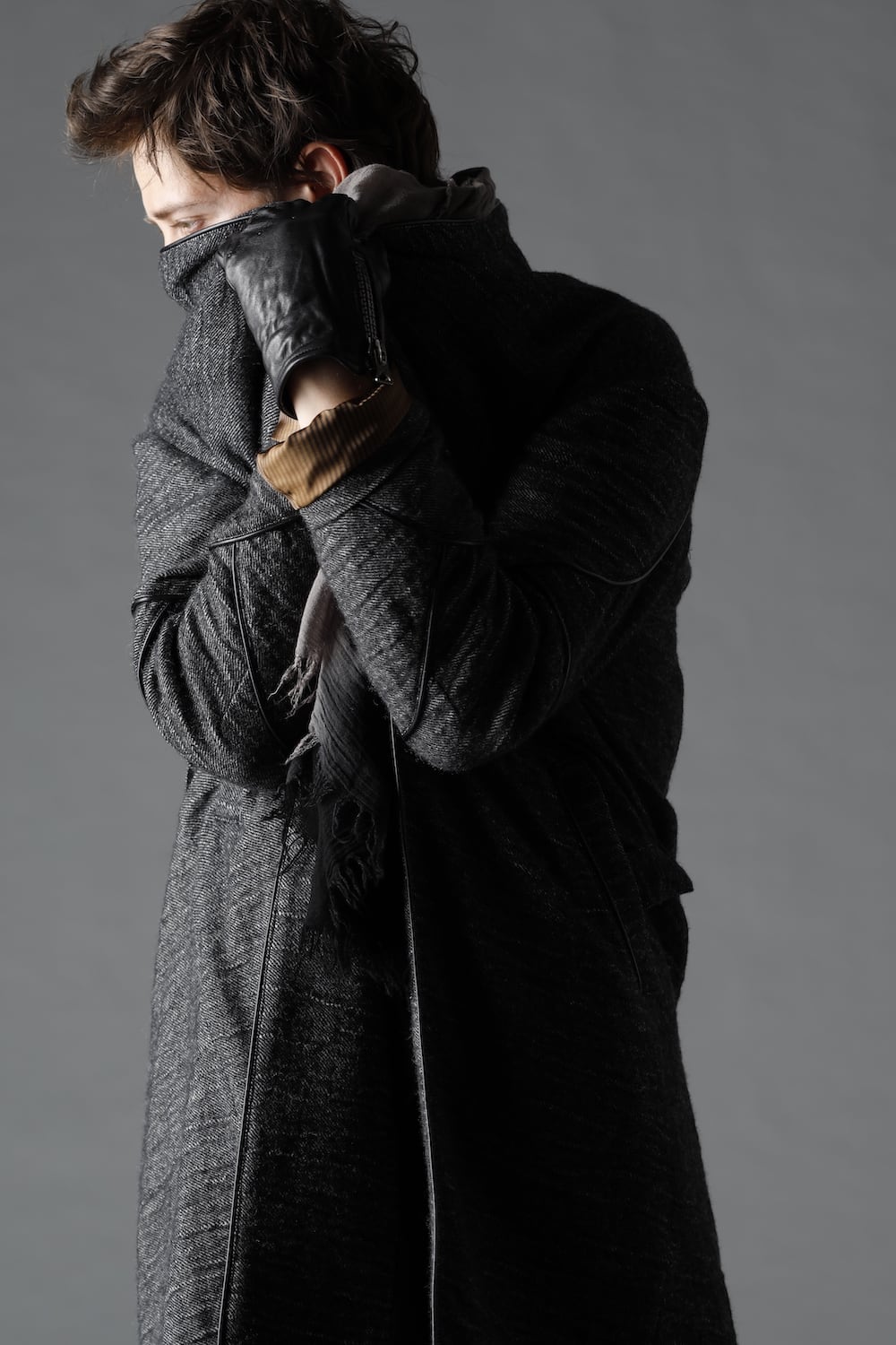 リネン×ラミー×ウールワッシャーロングガウンコート ブラック