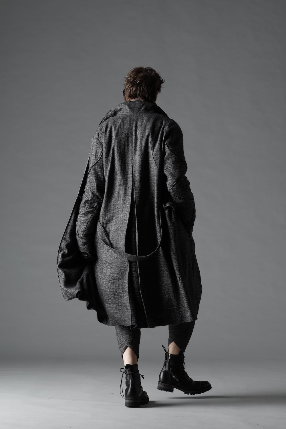 リネン×ラミー×ウールワッシャーロングガウンコート ブラック