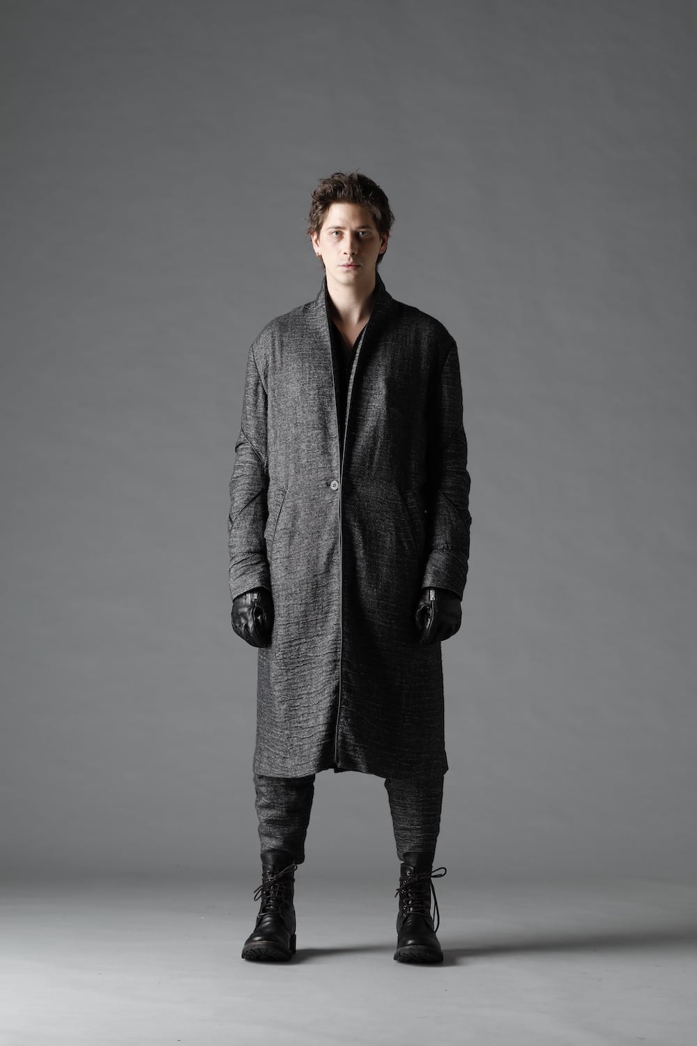 リネン×ラミー×ウールワッシャーロングガウンコート ブラック