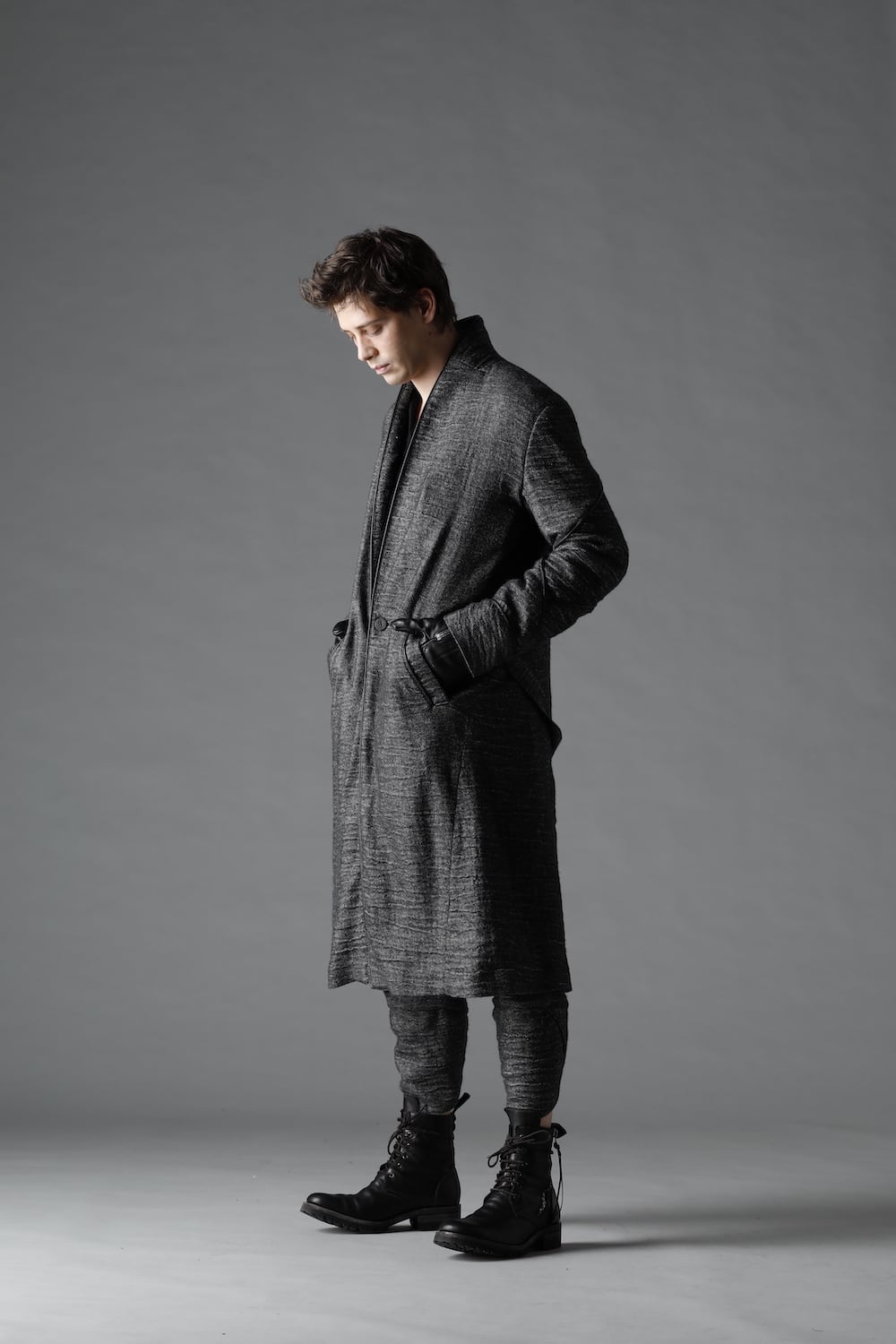 リネン×ラミー×ウールワッシャーロングガウンコート ブラック