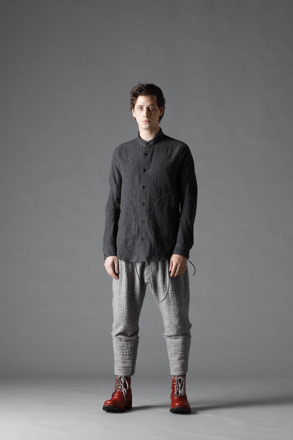 Wool x Cotton Dimple Washer Band Collar Shirt Charcoal