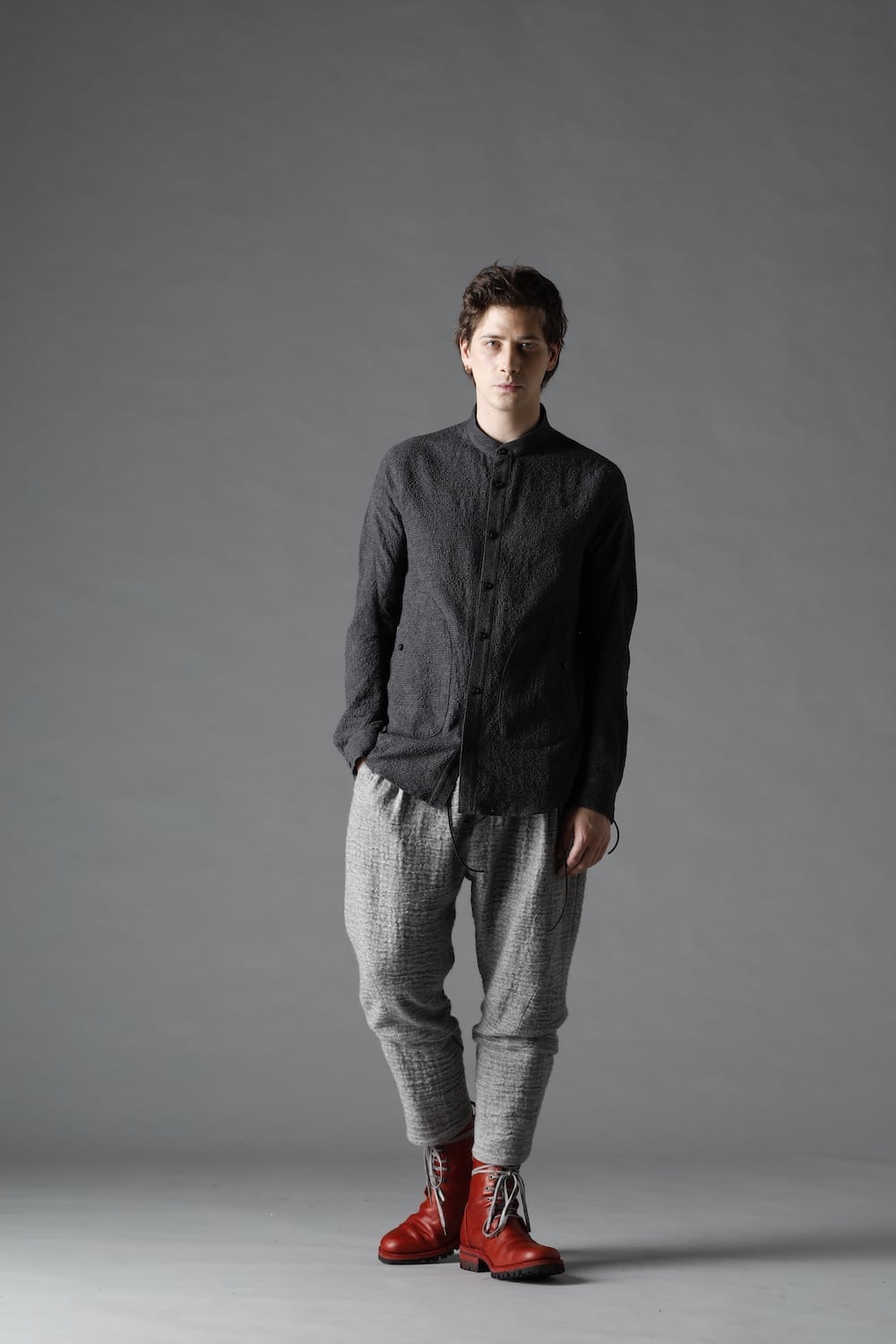 Wool x Cotton Dimple Washer Band Collar Shirt Charcoal