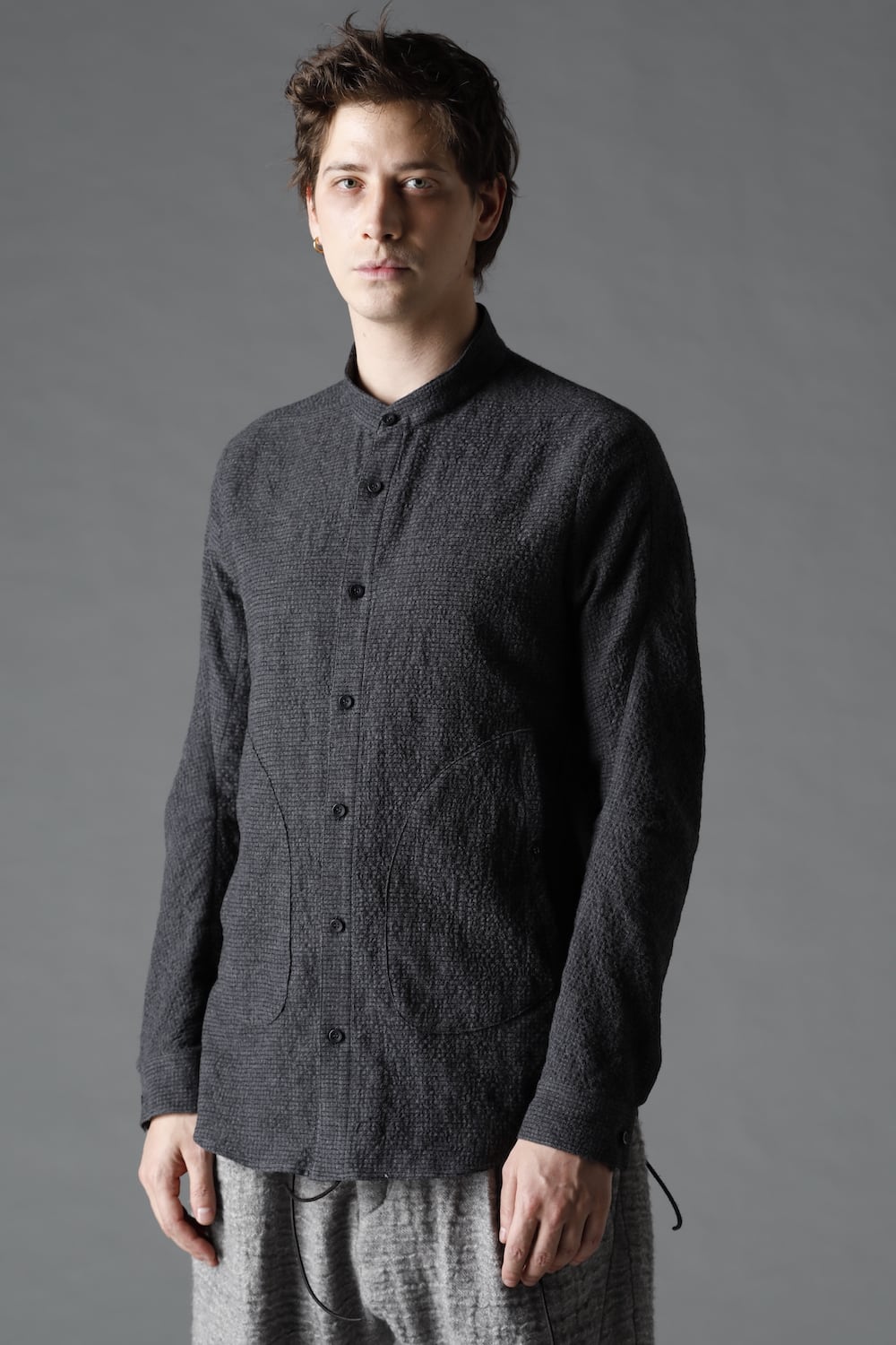 Wool x Cotton Dimple Washer Band Collar Shirt Charcoal