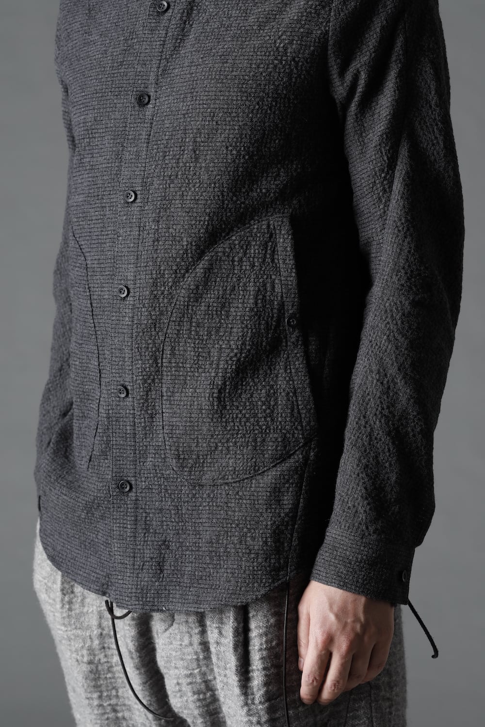 Wool x Cotton Dimple Washer Band Collar Shirt Charcoal