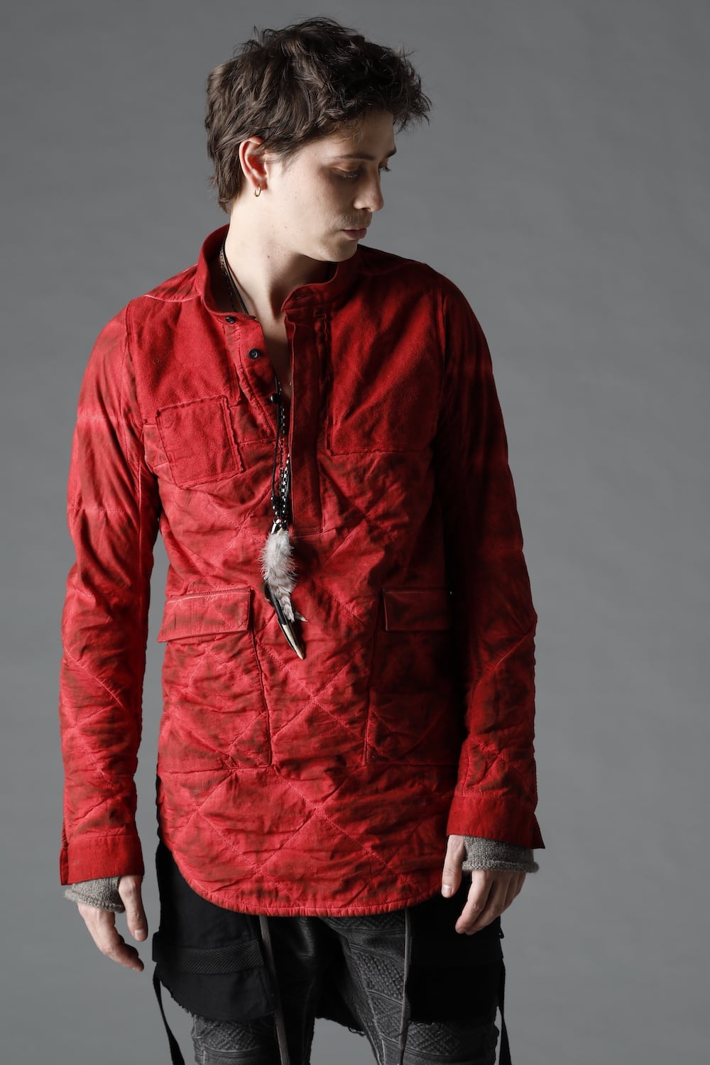 Quilting Cold Dye Pullover Shirt Red