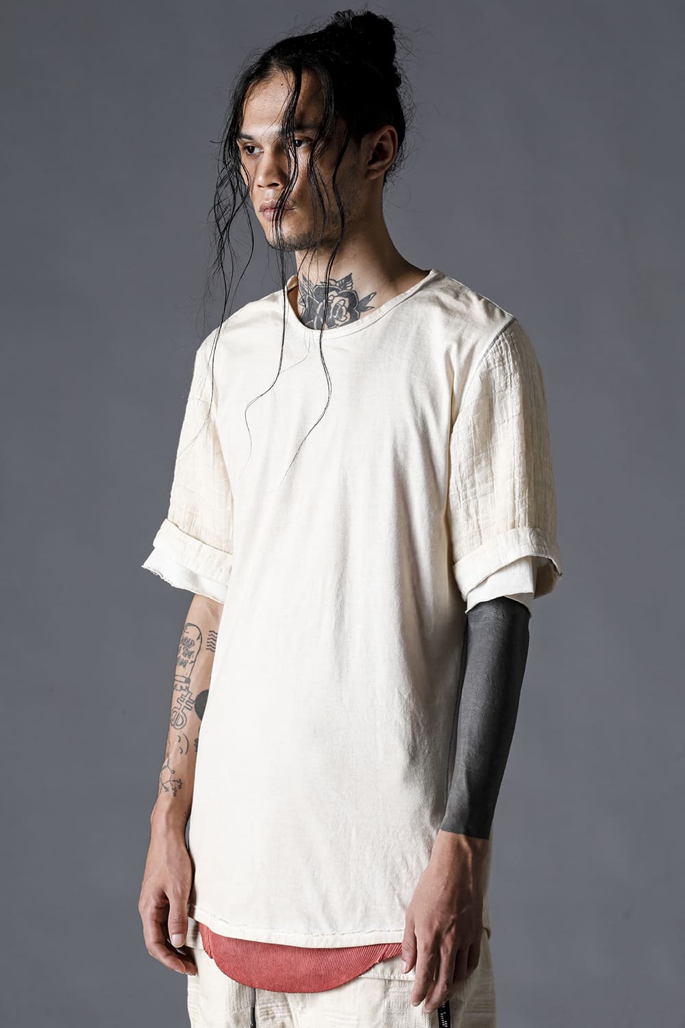 30/- Soft Cotton Jersey Cold Dye Layered Sleeve T-ShirtDusty White