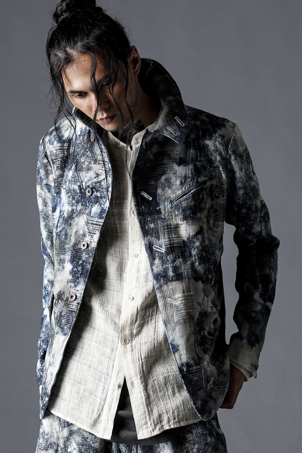 Splash Bleached Patchwork Jacquard Stretch Cotton Jacket Splash Indigo