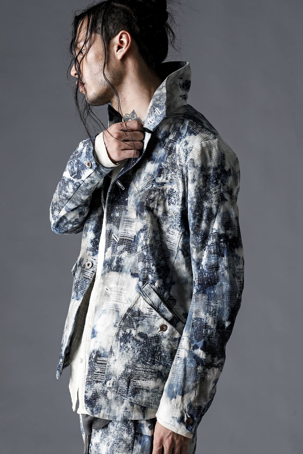 Splash Bleached Patchwork Jacquard Stretch Cotton Jacket Splash Indigo