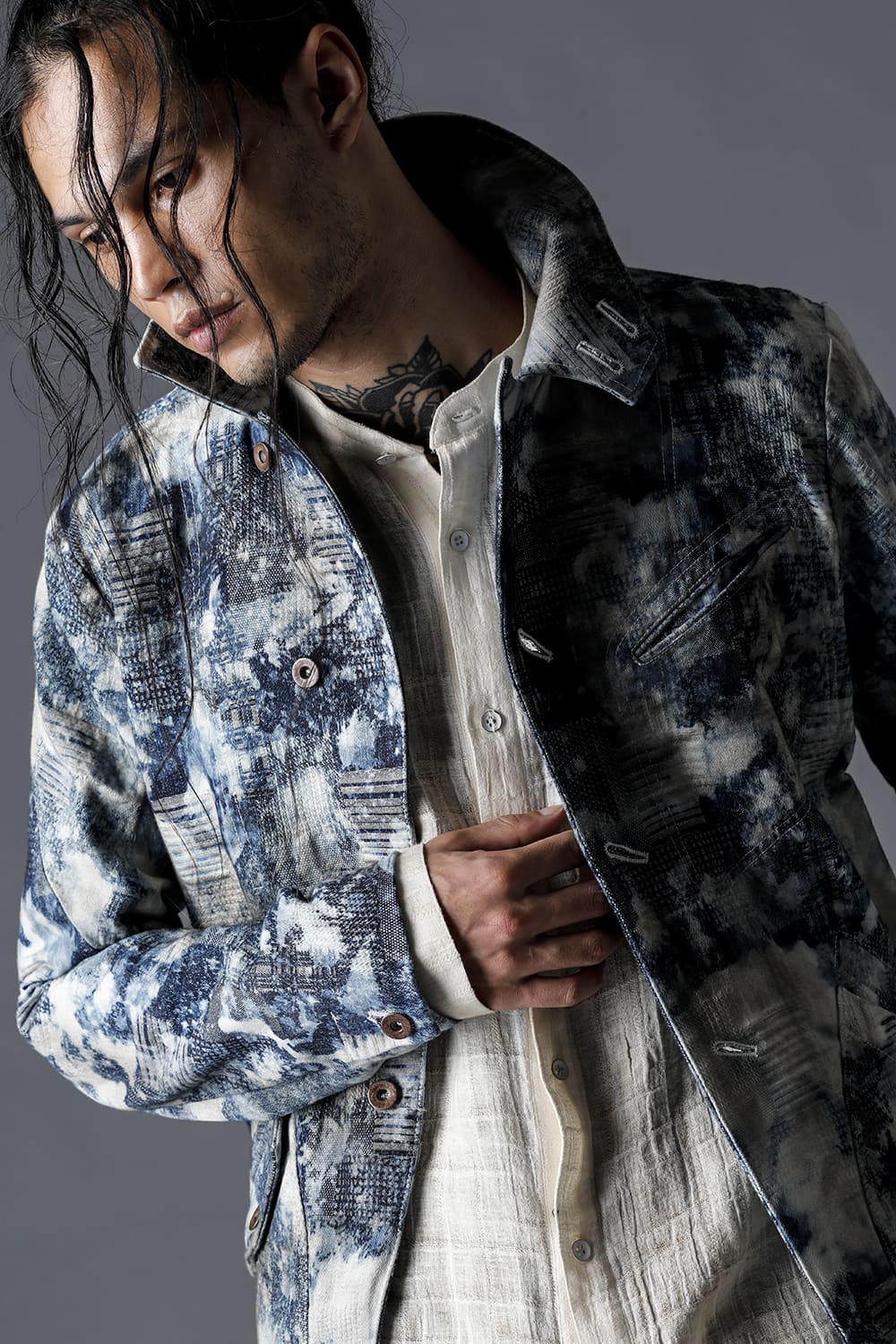 Splash Bleached Patchwork Jacquard Stretch Cotton Jacket Splash Indigo