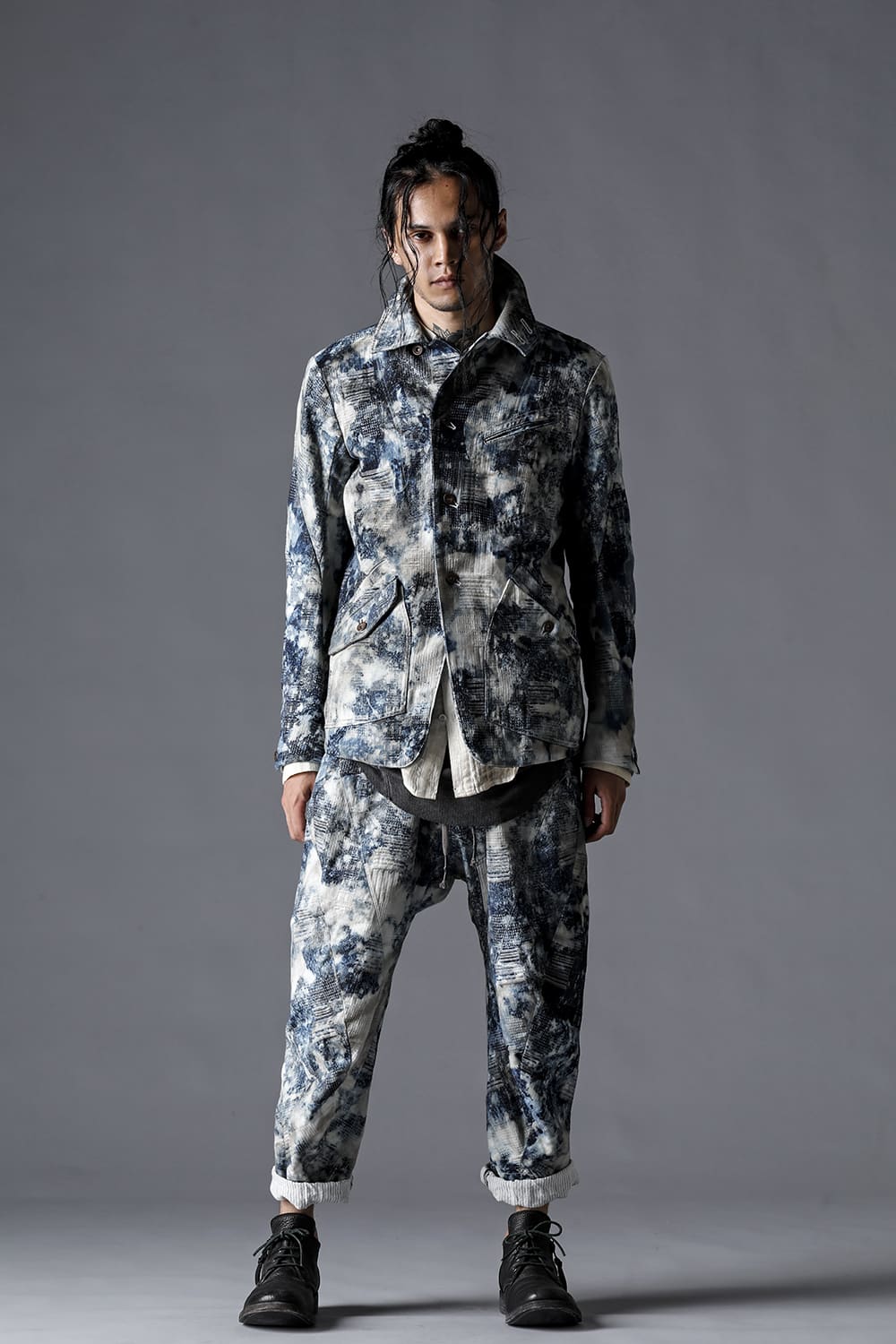 Splash Bleached Patchwork Jacquard Stretch Cotton Jacket Splash Indigo