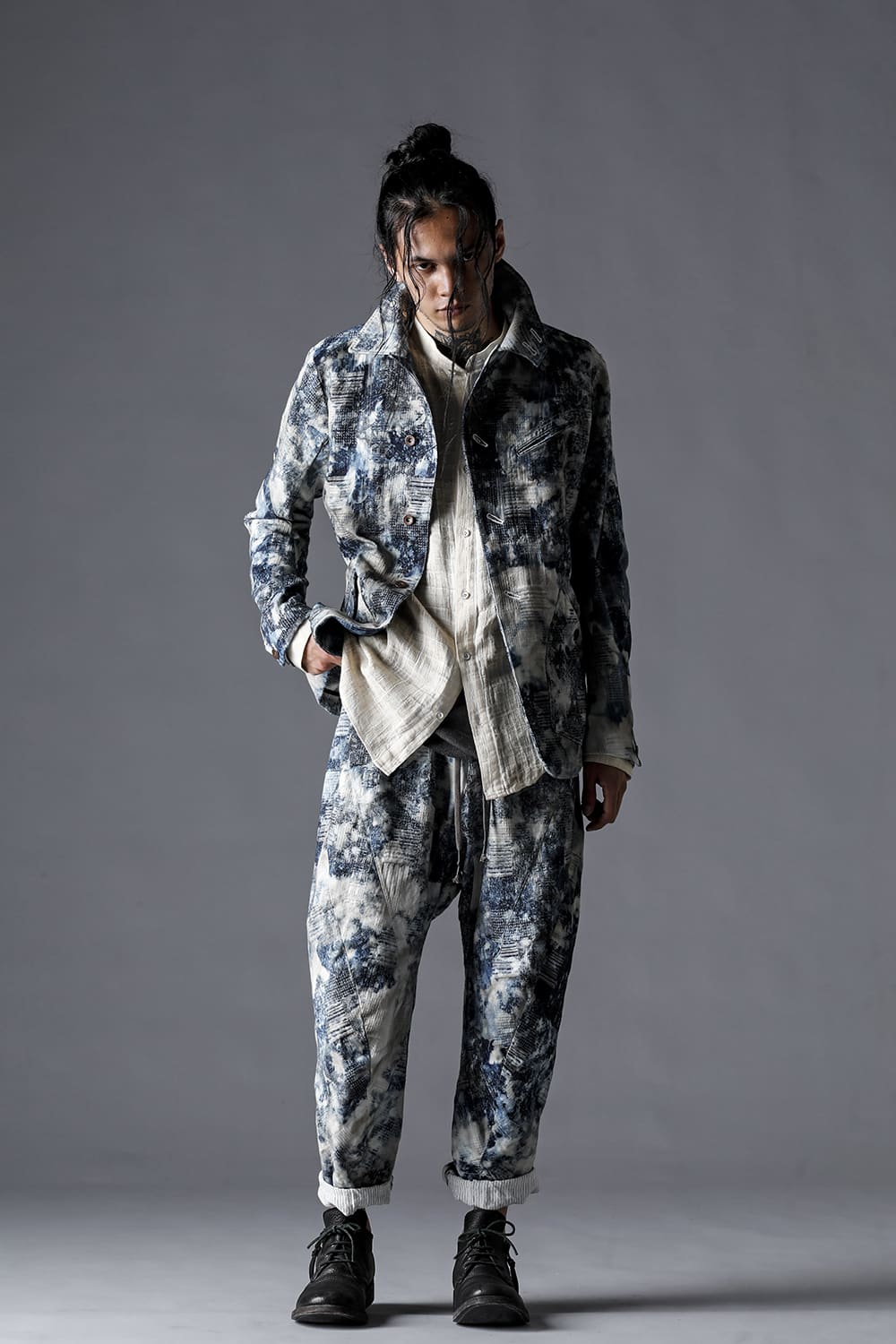 Splash Bleached Patchwork Jacquard Stretch Cotton Jacket Splash Indigo