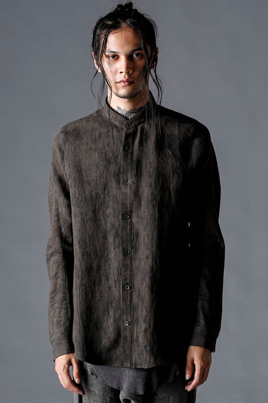 Linen And Rayon Salt Shrink-Dyed Banded Collar Shirt Charcoal